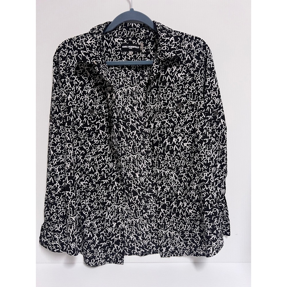 Karl Lagerfeld Paris Womens Logo Script Print Button Down Blouse Black Small